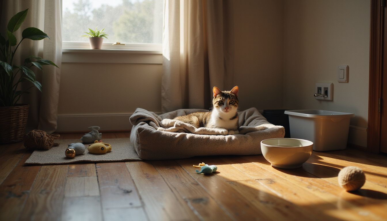 A cozy corner features a tabby kitten's first night surrounded by a plush bed, toys, and food bowls.