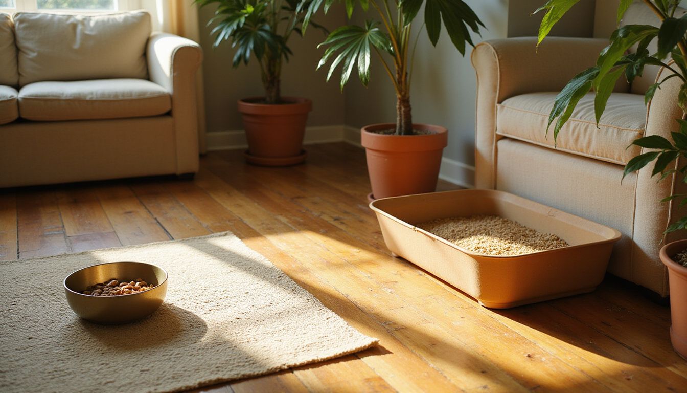 A cozy living room corner features a feeding area with bowls and a spacious litter box for a pet.