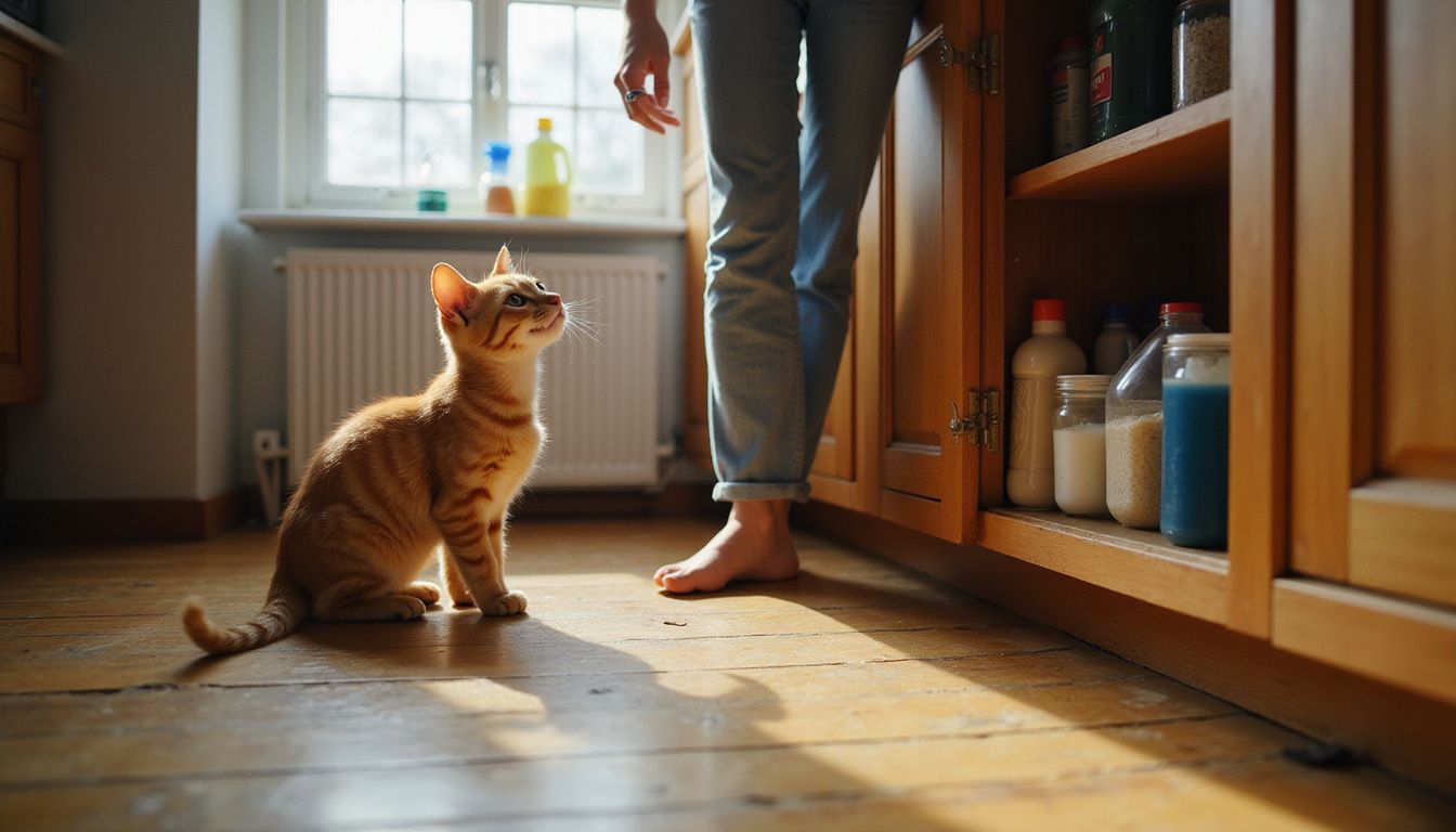 An orange tabby kitten observes while a woman reaches for cleaning supplies in a casual kitchen setting.