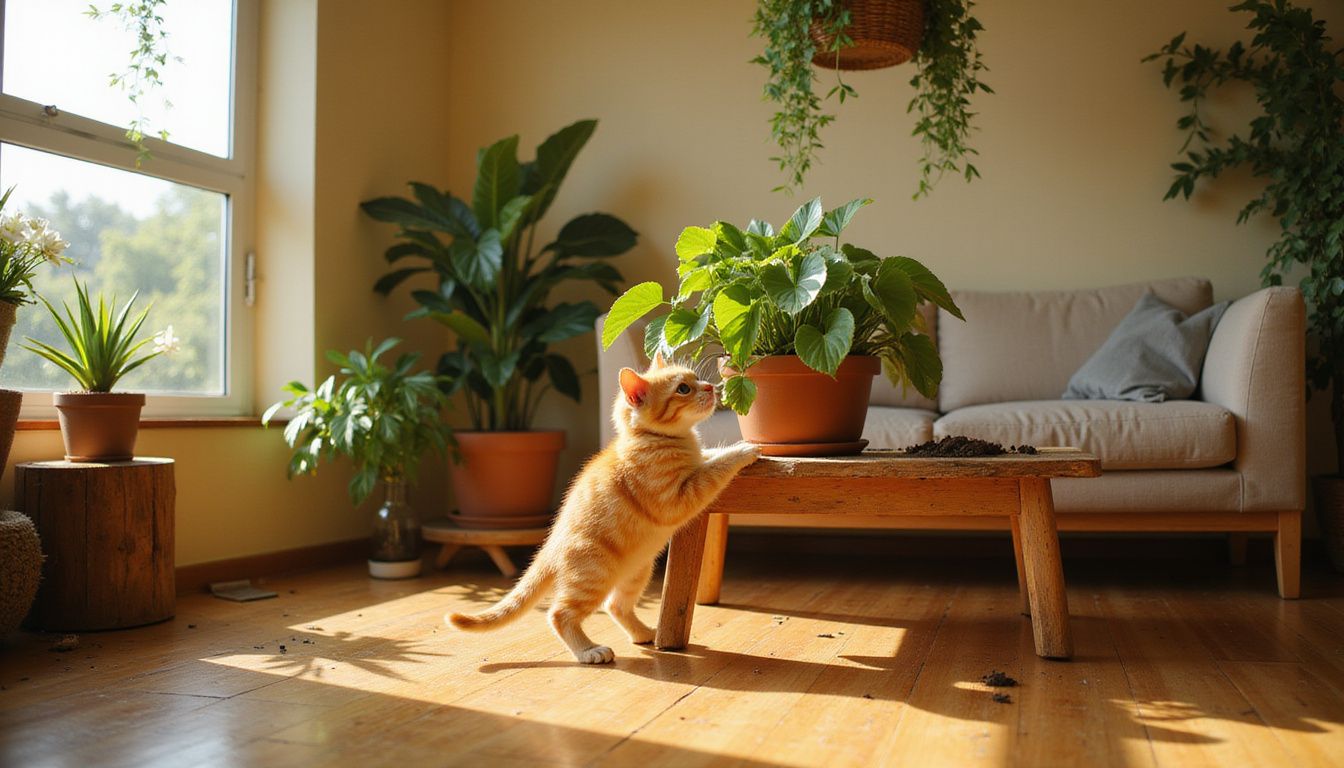 A curious orange tabby kitten sniffs a philodendron plant on a wooden table in a cozy living room.