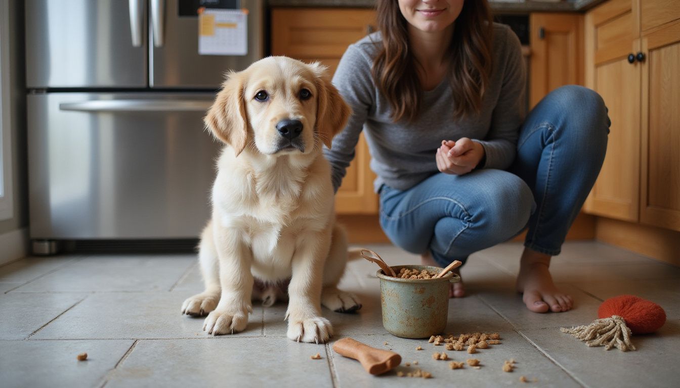 A woman kneels beside an alert golden retriever puppy, holding a cup of kibble on a tiled kitchen floor.