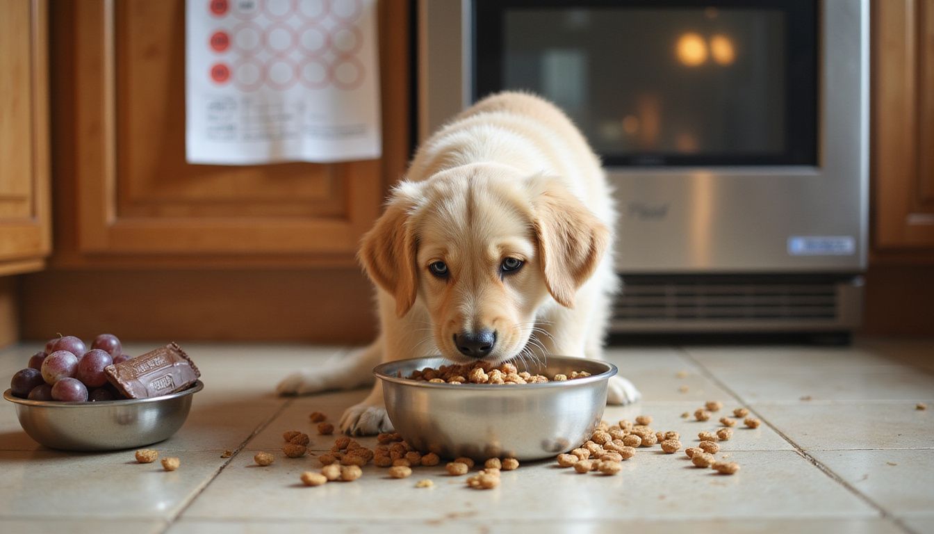 A golden retriever puppy eats kibble from a stainless steel bowl in a cozy kitchen setting.