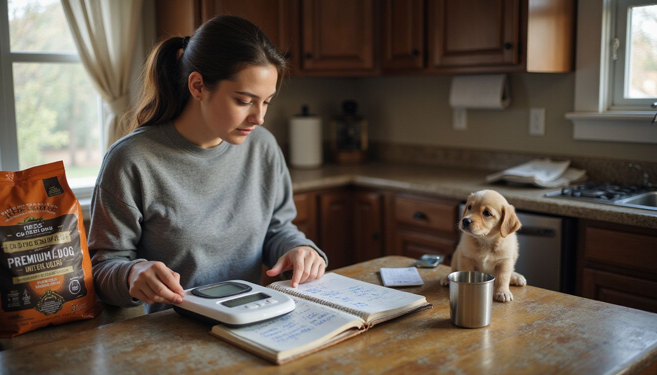 A focused individual calculates dietary notes at a kitchen table while a curious puppy watches nearby.