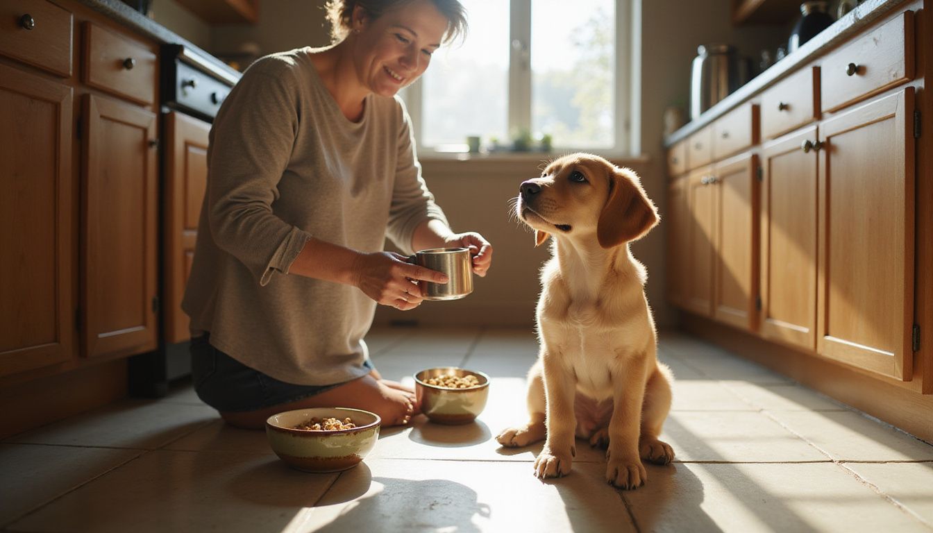 A puppy eagerly awaits its morning meal as a woman measures dry kibble in a cozy kitchen setting.