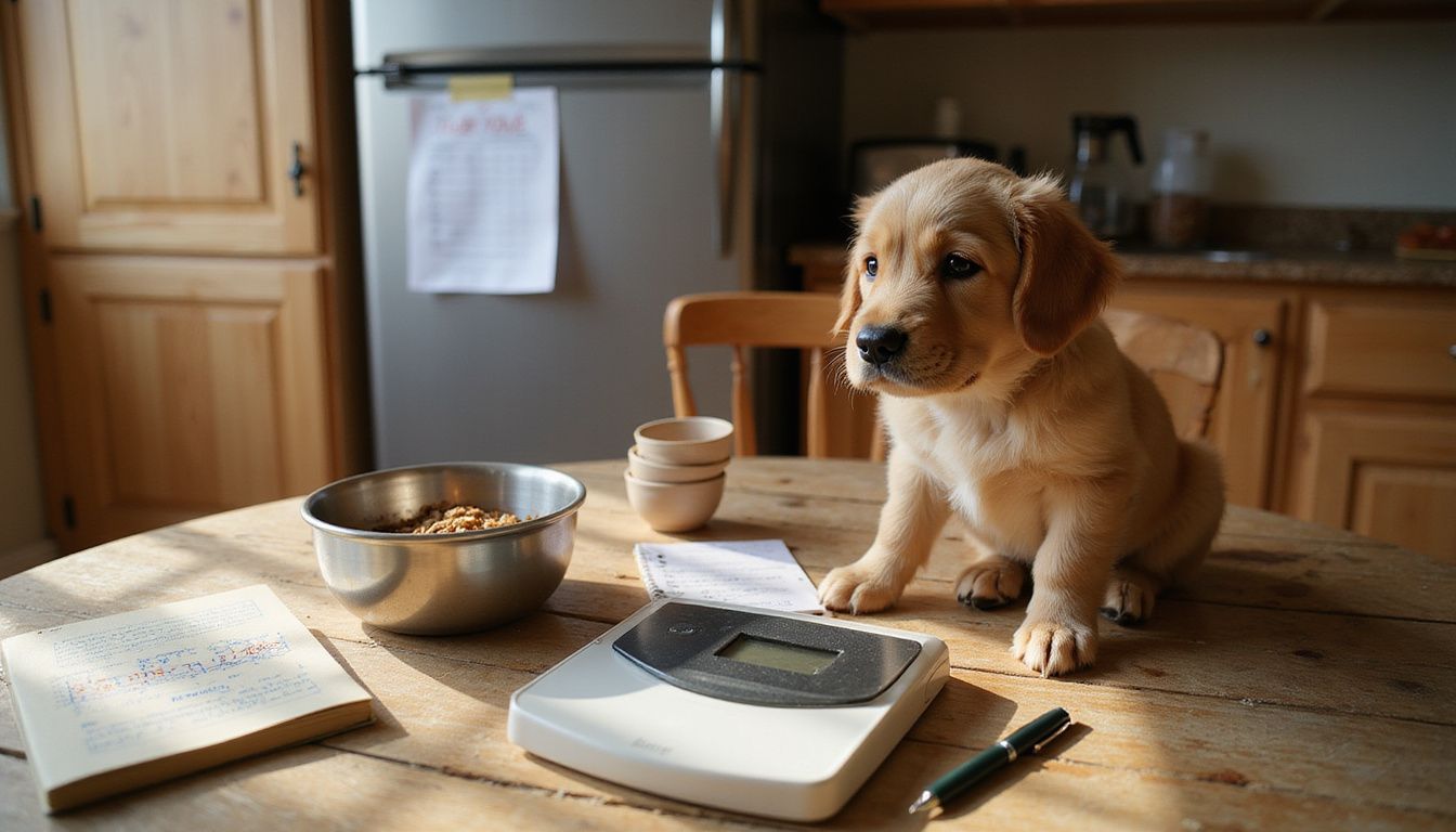 A golden retriever puppy sits attentively next to a digital kitchen scale and a bowl of kibble on a dining table.
