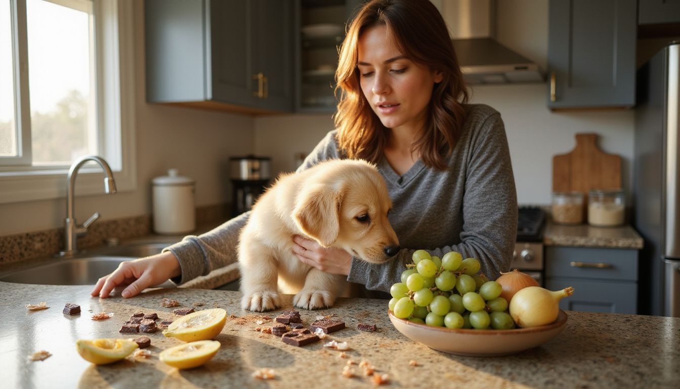 A concerned woman protects her curious golden retriever puppy from toxic foods on a cluttered kitchen countertop.
