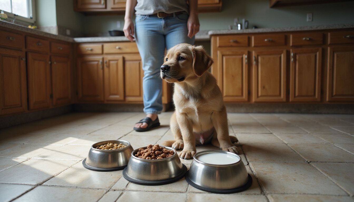 A young puppy sits on tile flooring in a kitchen, with three bowls of food in front of it.