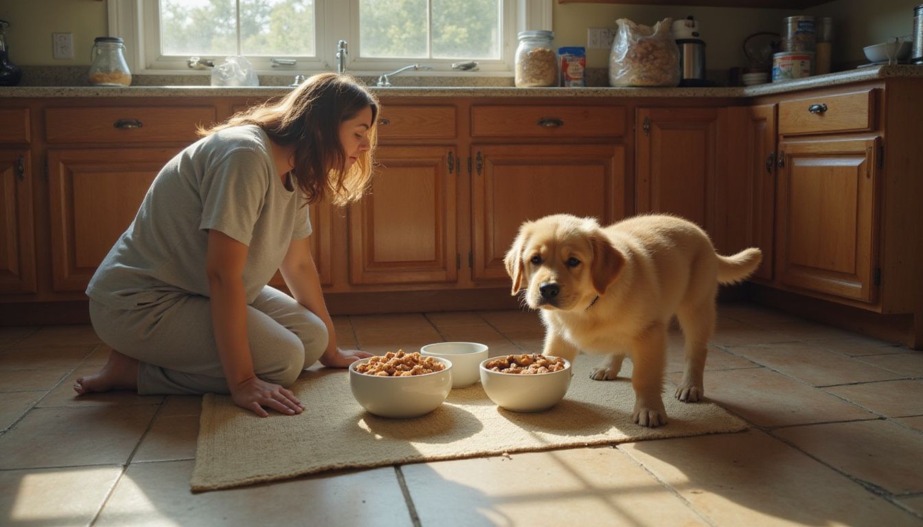 A woman kneels by a puppy in a kitchen, engaging in a warm, candid moment amid pet food preparations.