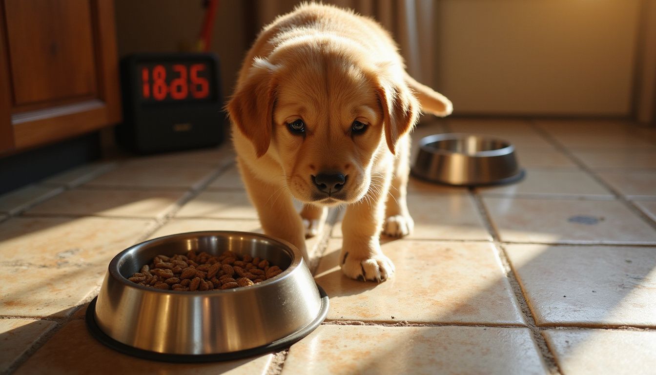A young golden retriever puppy eagerly stands beside a stainless steel food bowl filled with kibble on a worn kitchen floor.