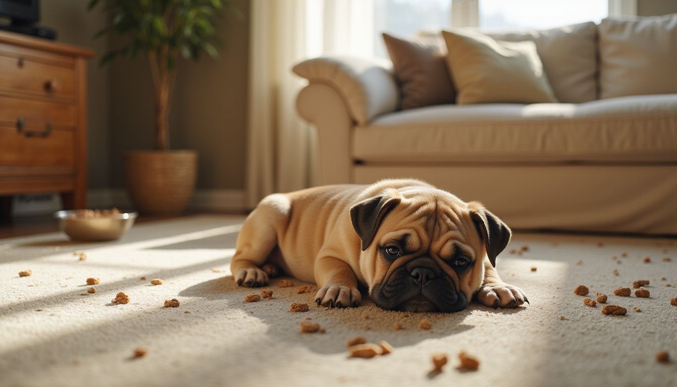A distressed English Bulldog puppy lies motionless on a carpet, surrounded by scattered kibble from a tipped food bowl.