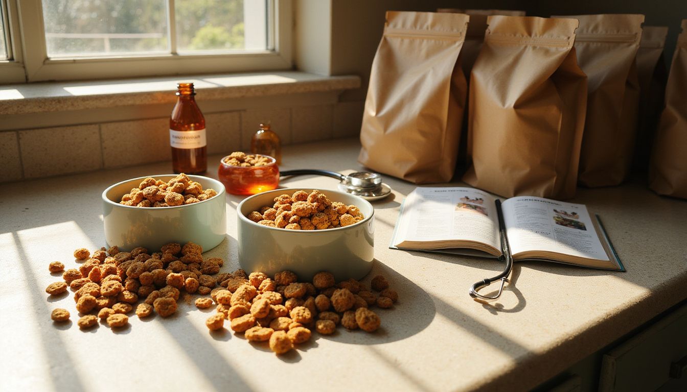 A sunlit kitchen counter displays puppy food bowls, nutrition guides, and pet care items, creating a cozy home atmosphere.
