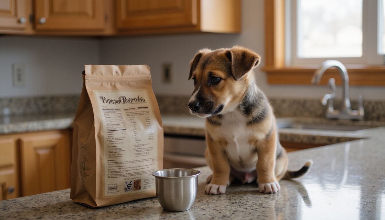 A curious puppy intently watches an opened bag of kibble on a kitchen counter.