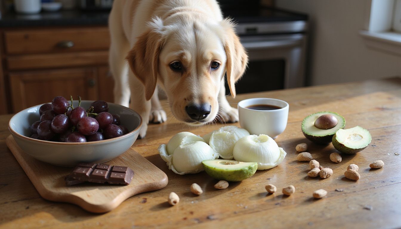 A curious golden retriever puppy explores a kitchen counter filled with various foods and treats.