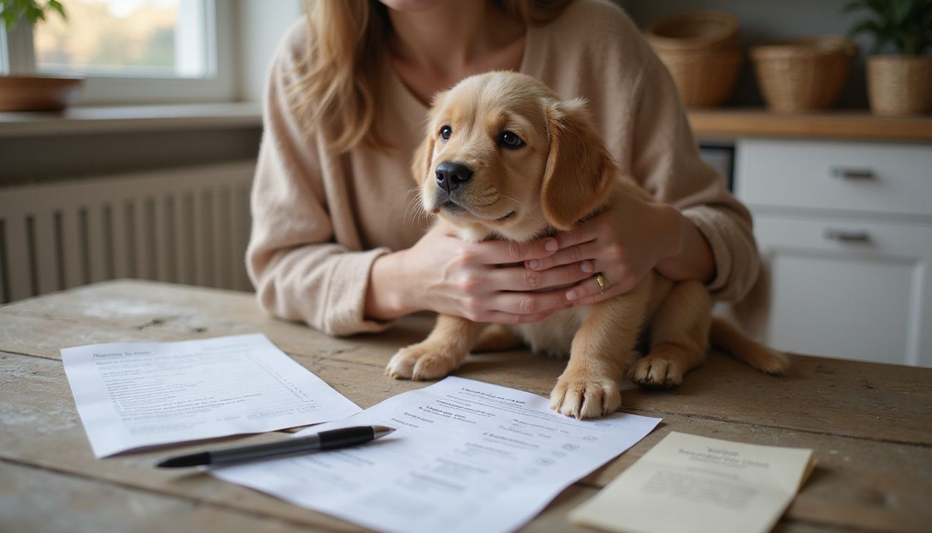 A young woman cuddles a golden retriever puppy at a rustic kitchen table while reviewing pet care documents.