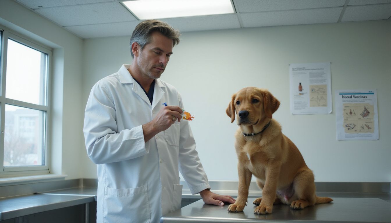 A veterinarian prepares a syringe while examining an attentive golden retriever puppy in a clinical setting.
