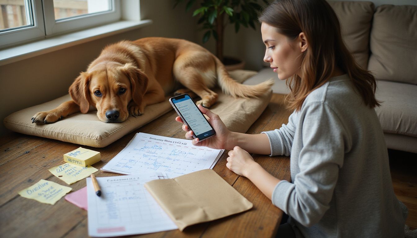 A woman reviews a veterinary health app while her golden retriever relaxes on a nearby pet bed.