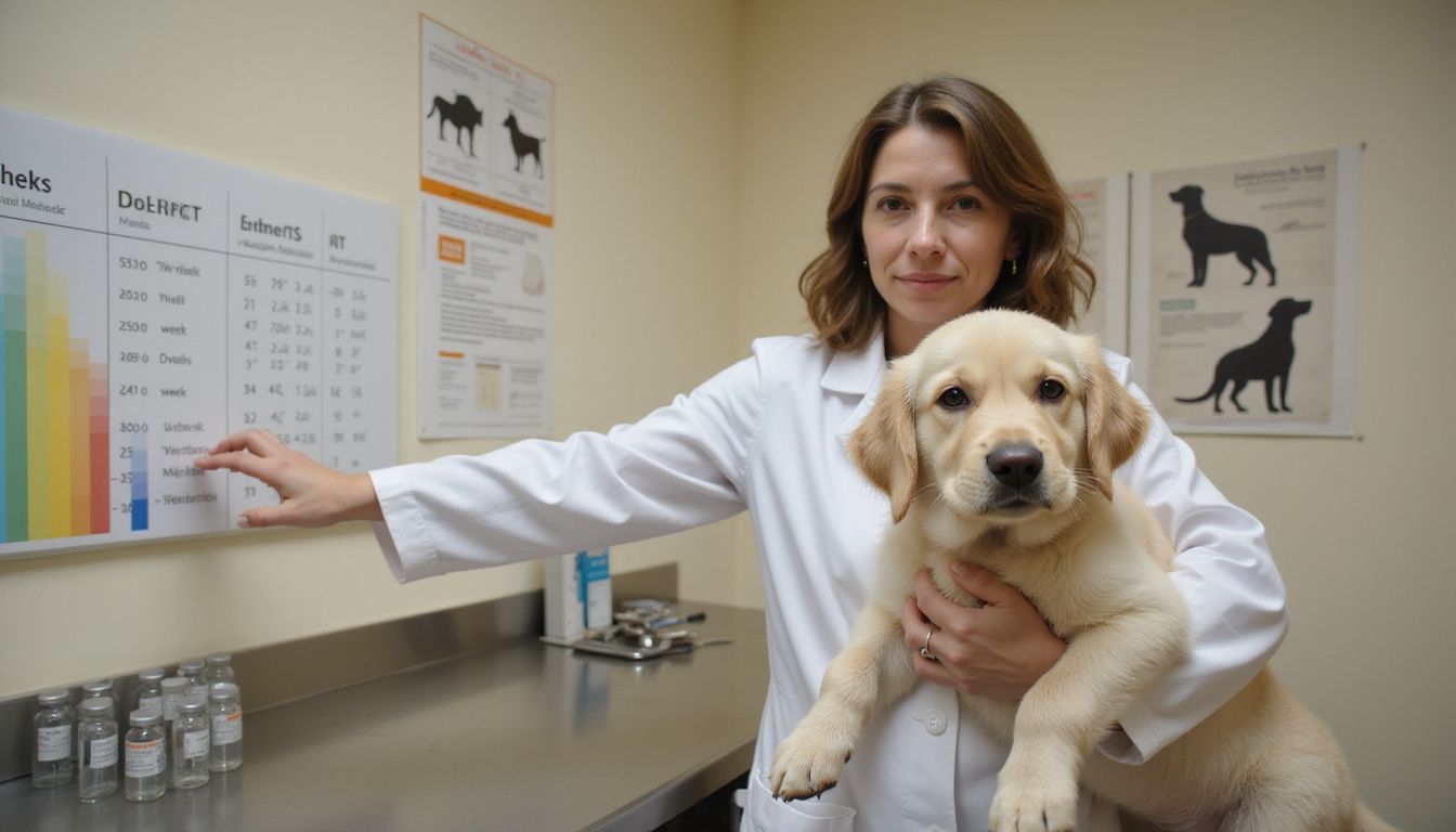 A veterinarian in a white coat cradles a golden retriever puppy while pointing to a vaccination chart in her clinic.