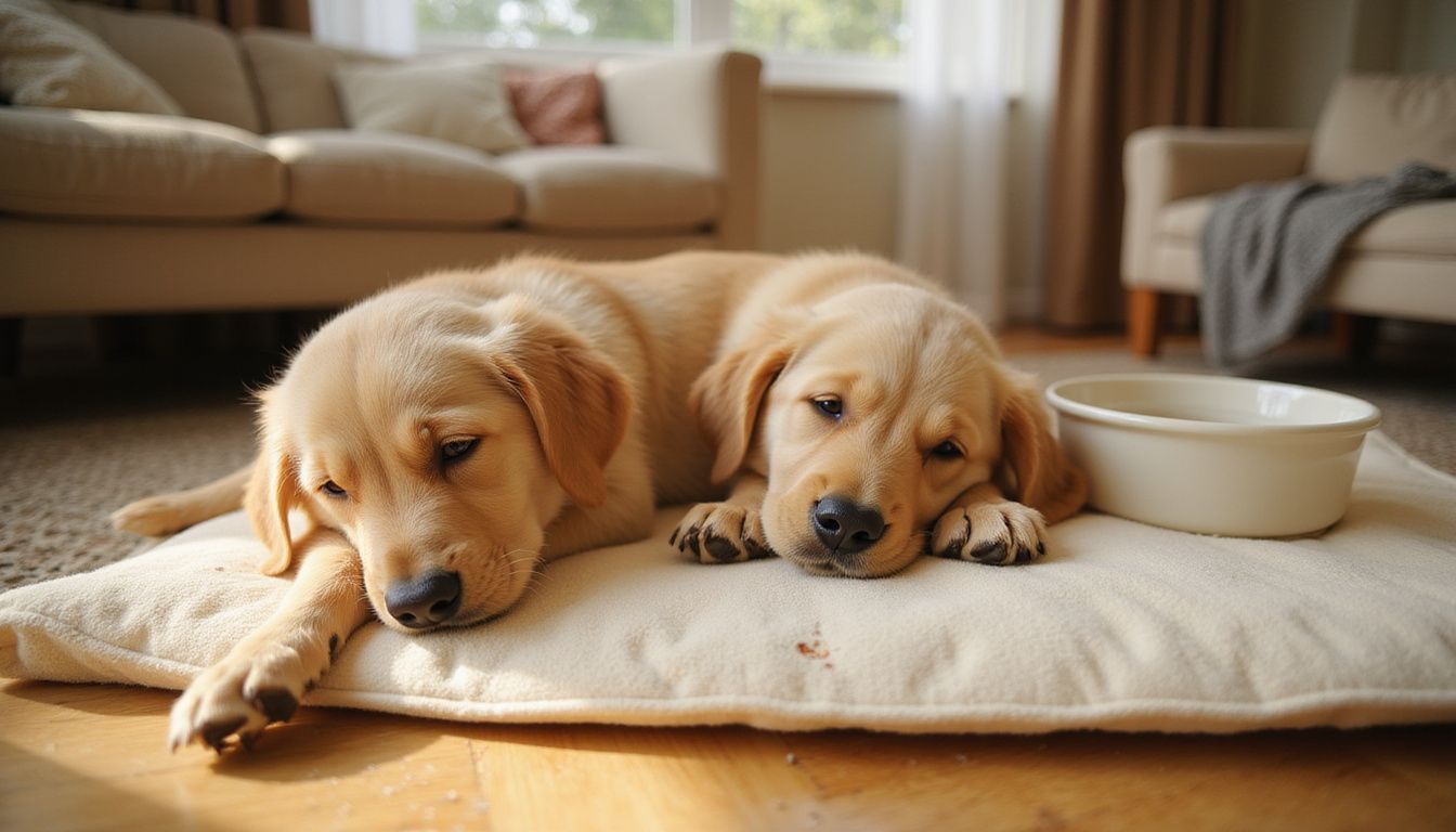 A tired golden retriever puppy rests on an orthopedic dog bed, showing signs of recent vaccination.
