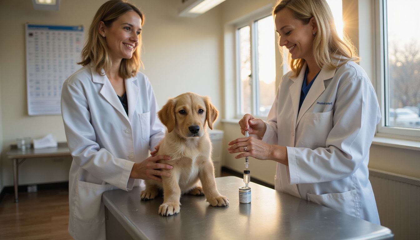 An eight-week-old Golden Retriever puppy anxiously awaits its first vaccination from a concerned veterinarian in a clinical setting.