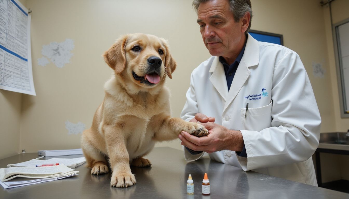 A Golden Retriever puppy receives a vaccine from a veterinarian in a clinical examination room.