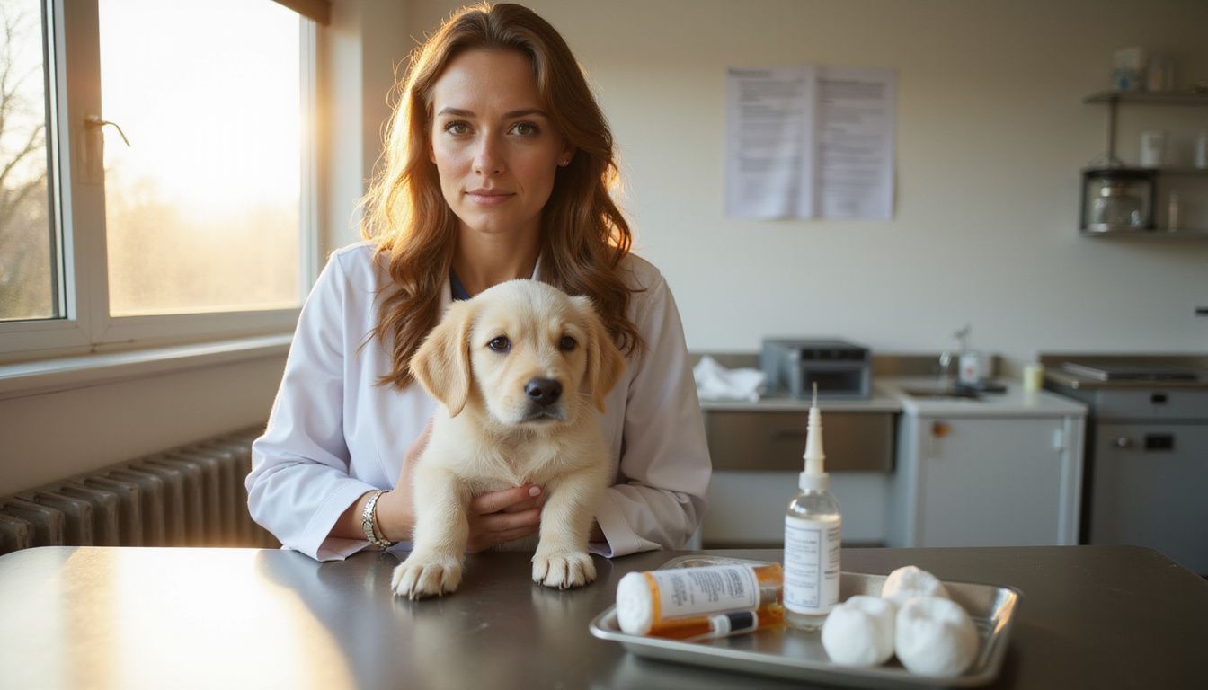 A veterinarian in a white coat gently holds a worried golden retriever puppy in a clinical examination room.