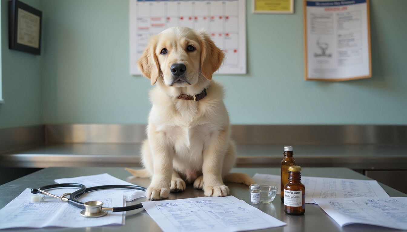 A curious golden retriever puppy sits on a veterinary table surrounded by medical documents and vaccination supplies.