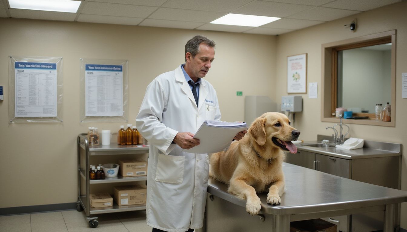 A middle-aged veterinarian stands beside a golden retriever on an examination table, holding a vaccination record clipboard.