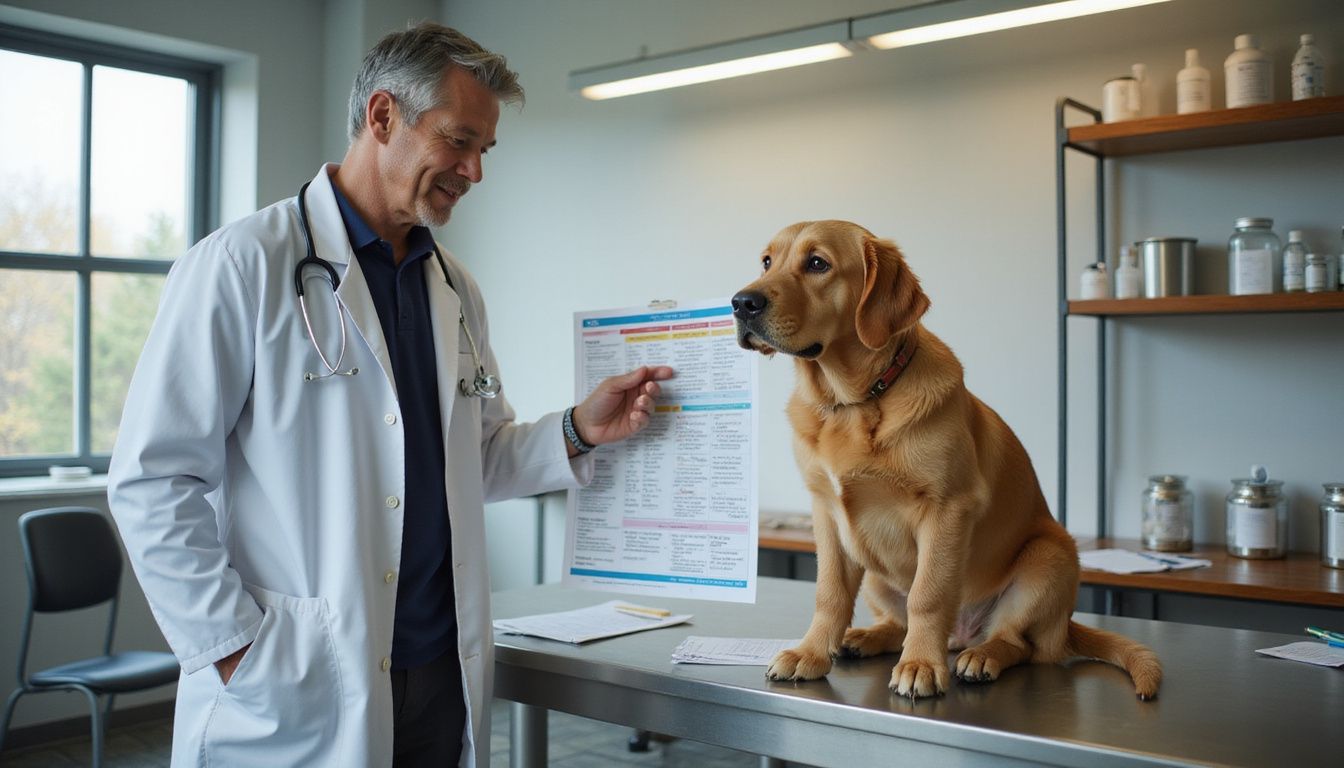 A veterinarian demonstrates a vaccination schedule to an attentive golden retriever puppy in a clinical examination room.