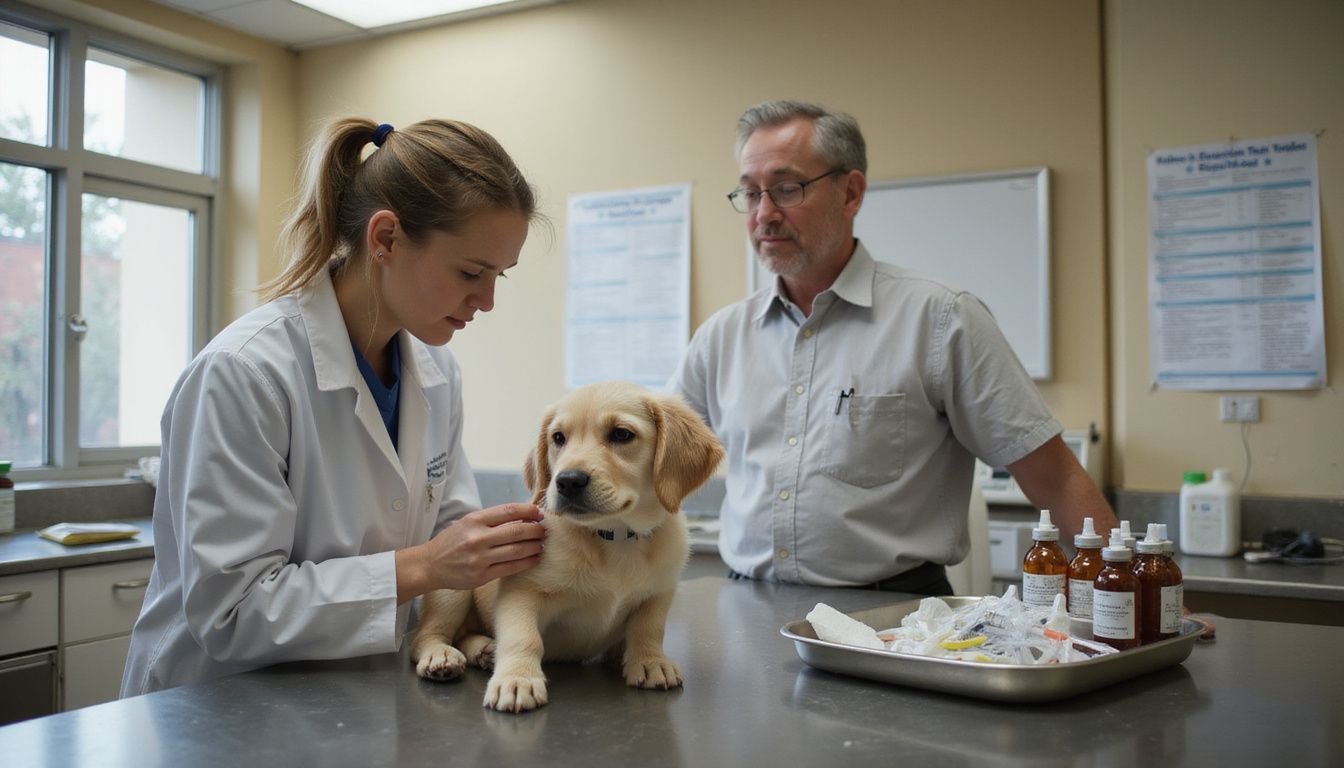 A veterinarian administers a vaccine to a golden retriever puppy while a relieved owner watches from a distance.