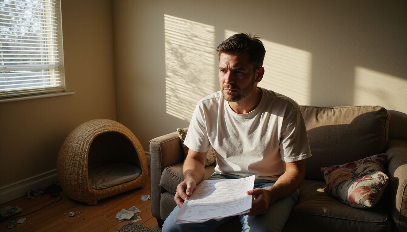 A person sits on a couch, contemplating adoption paperwork while gazing at an empty cat bed with mixed emotions.