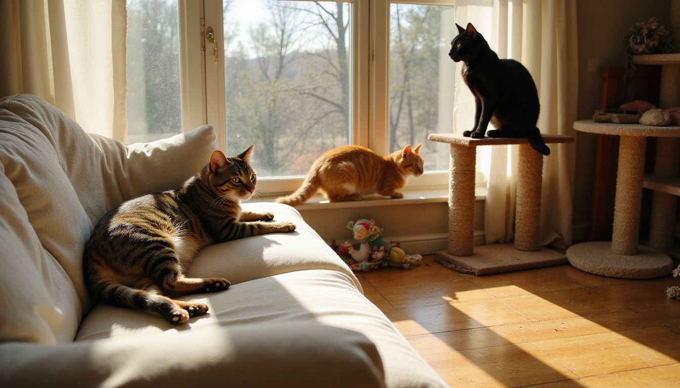 A sunlit living room features three cats in various poses, surrounded by toys and a cozy, lived-in atmosphere.