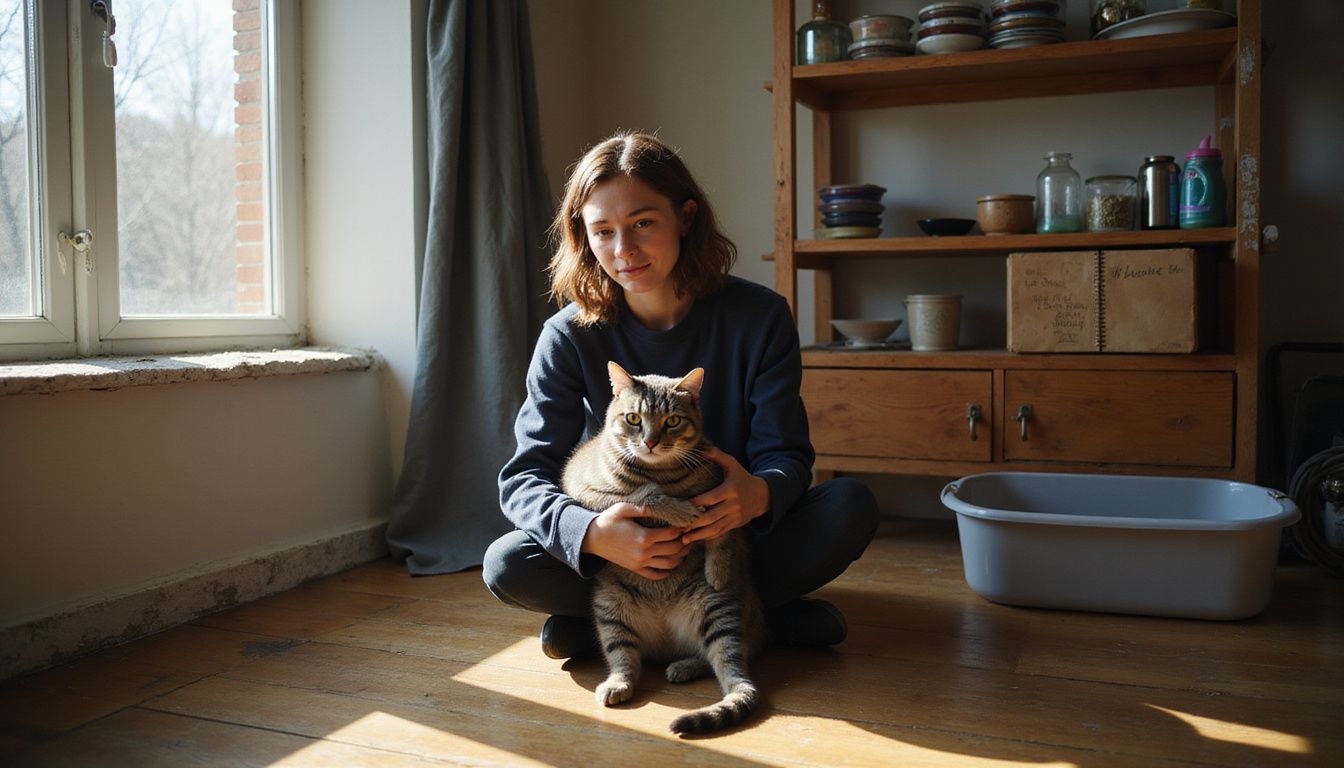 A person in their thirties cradles a small gray tabby cat in a modest studio apartment.