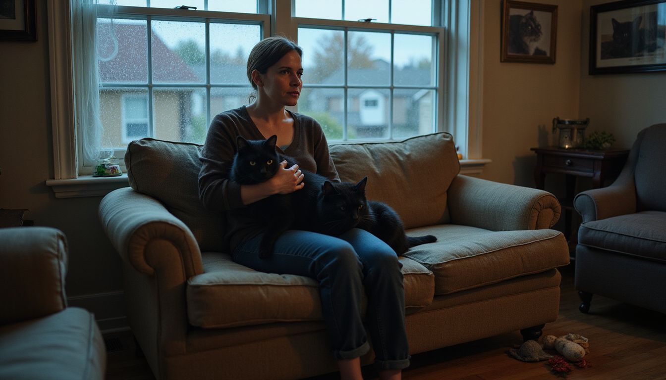 A contemplative woman cradles her black cat on a worn couch, gazing at rain-streaked windows in a cozy living room.