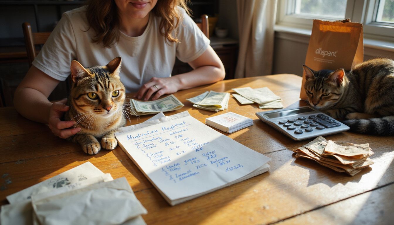 A woman organizes her pet-related expenses at a dining table while her tabby cat sits nearby.