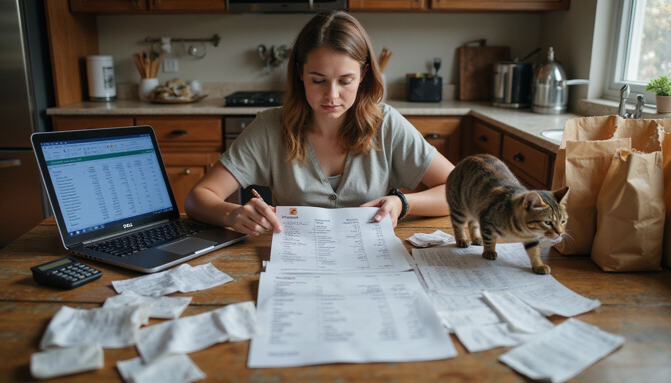 A woman reviews financial documents at a kitchen table, surrounded by pet food and budgeting materials for her cat.
