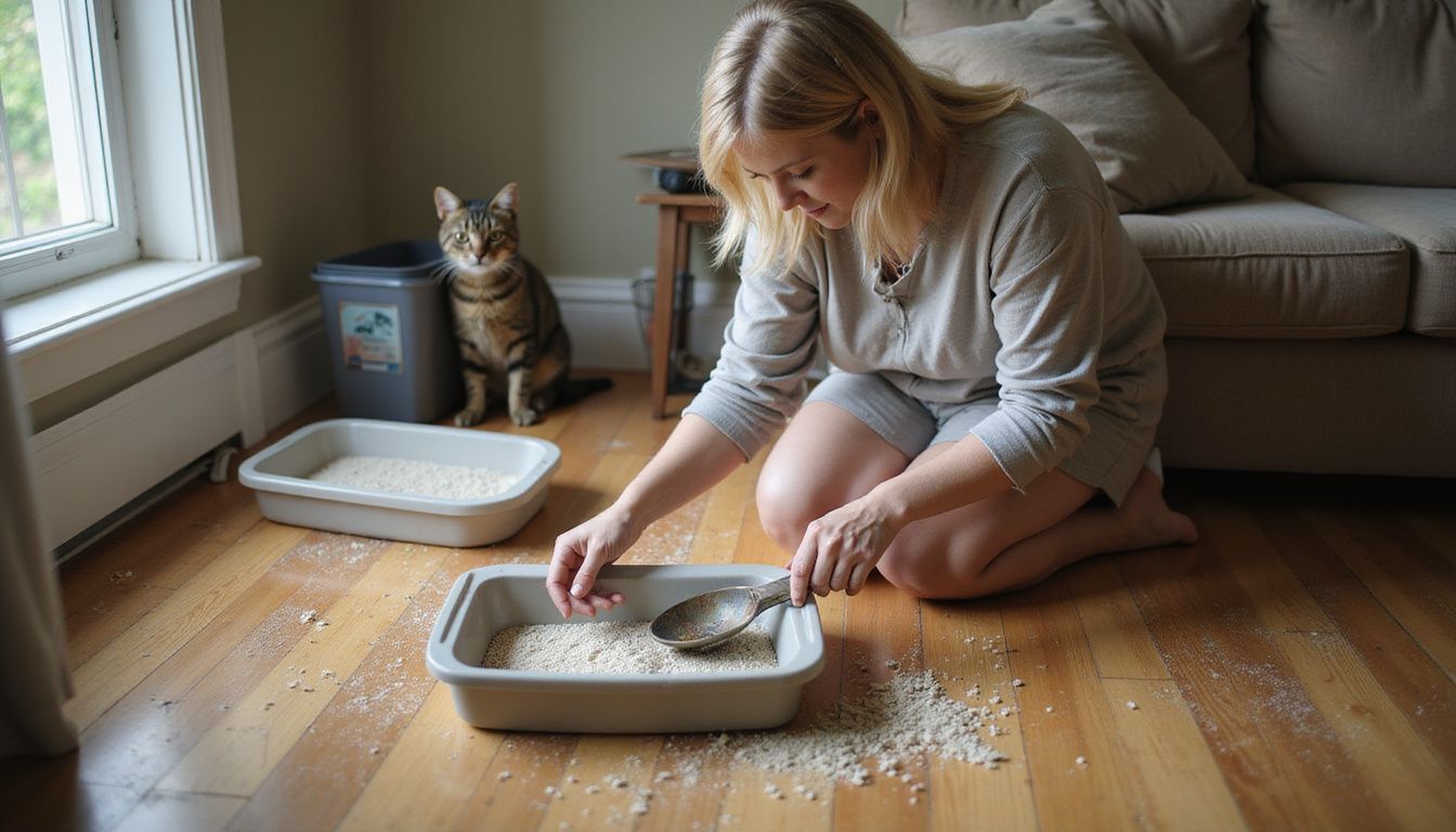 A middle-aged woman scoops litter from a box while a visibly anxious tabby cat observes nearby.