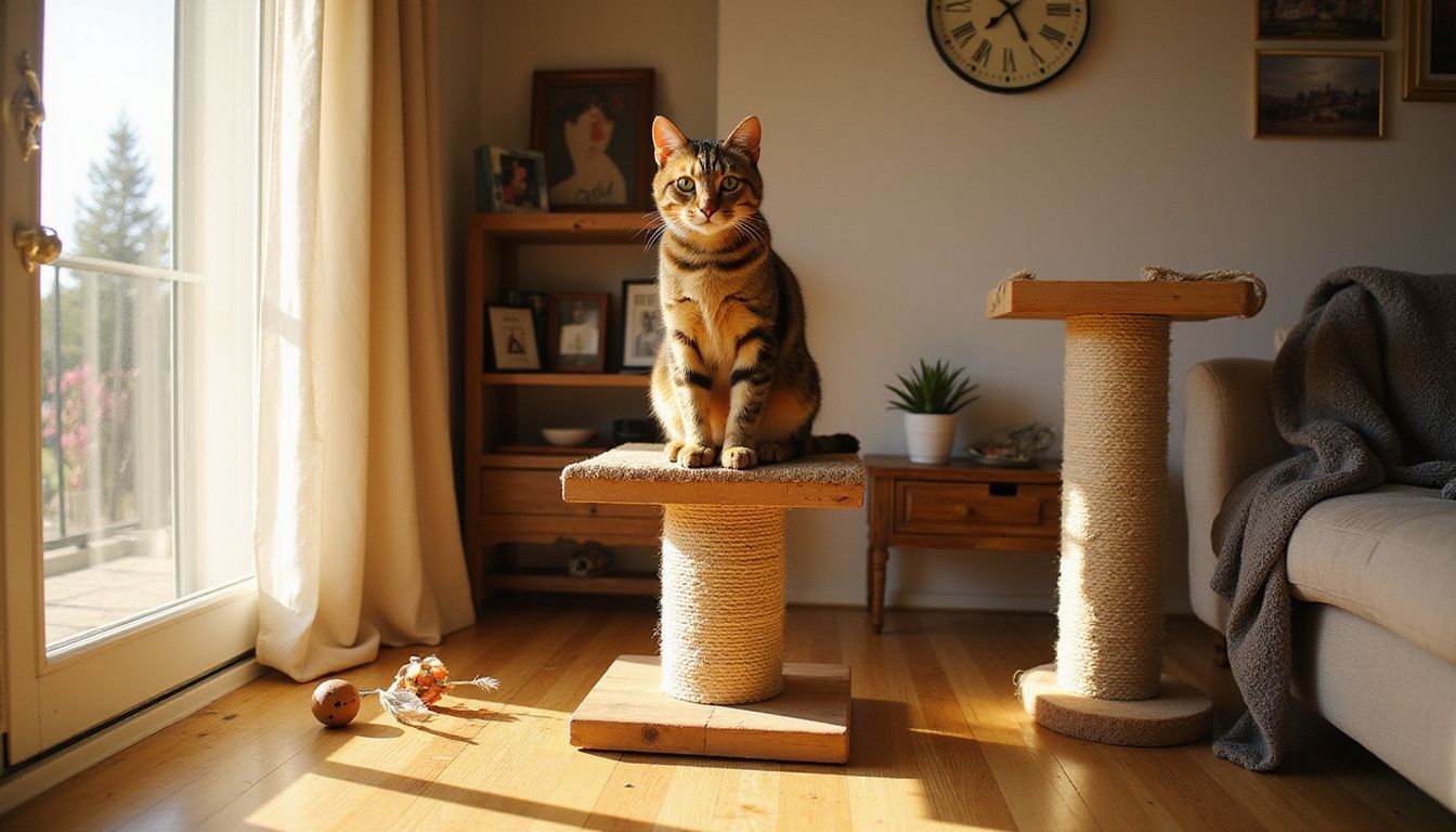 A tabby cat sits on a wooden cat tree near a window, surrounded by toys and family photos.