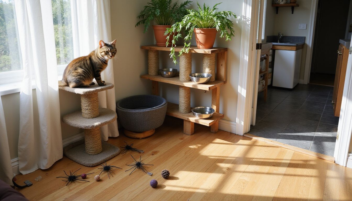 A cozy living room features a cat tree, pet accessories, plants, and a cat enjoying the warm sunlight.