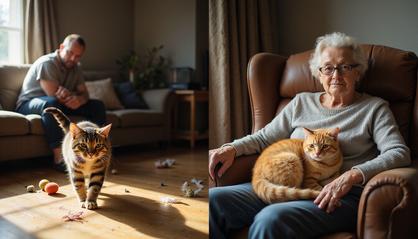 A tired person interacts with a playful kitten, while a content elderly woman enjoys a relaxed moment with a sleeping cat.