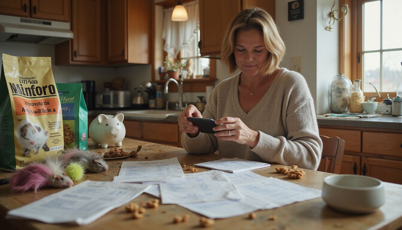 A middle-aged woman reviews pet care expenses at a cluttered kitchen table filled with supplies and documents.