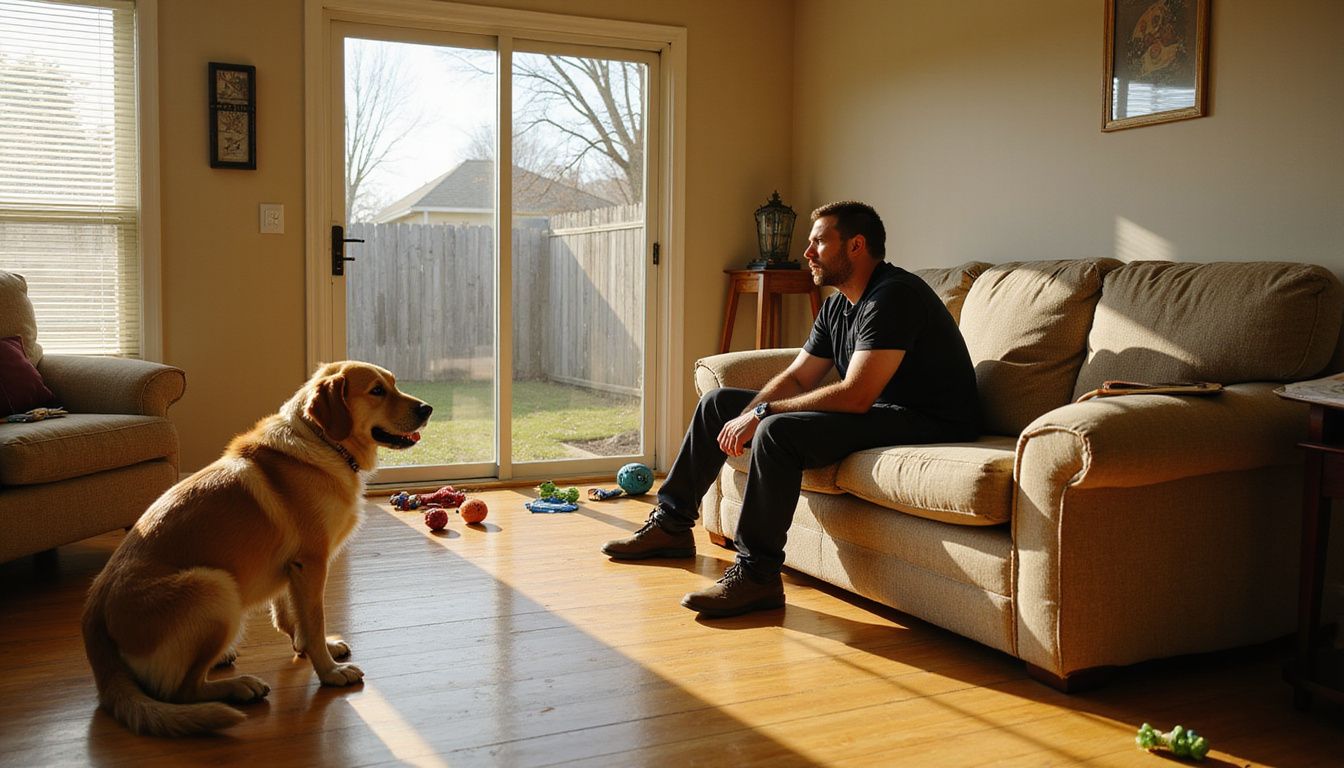 A man contemplates while sitting on a worn couch, observing two dogs on the hardwood floor.