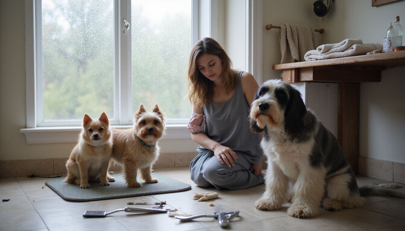 A woman engages in home dog grooming with three dogs of different breeds and assorted grooming tools around her.