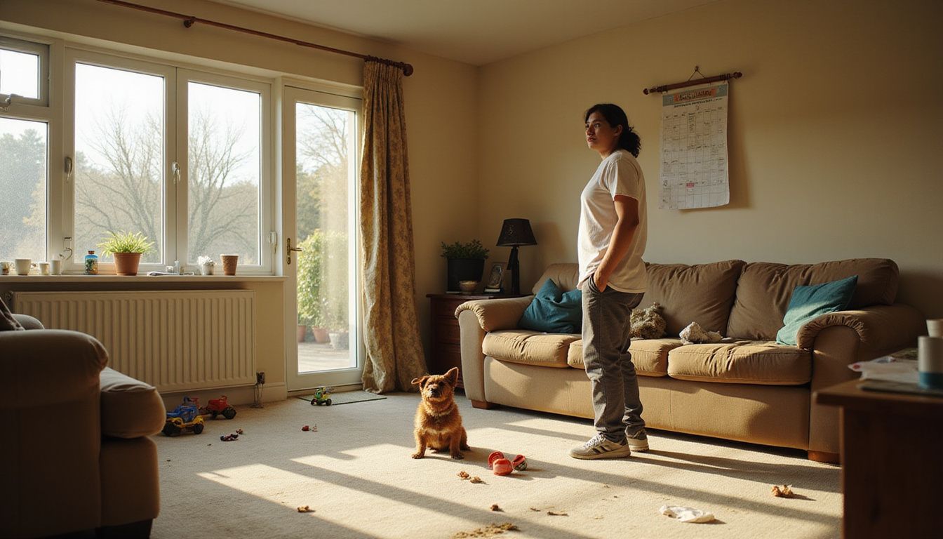 A contemplative person stands in a lived-in living room with two dogs, embodying a moment of quiet reflection.