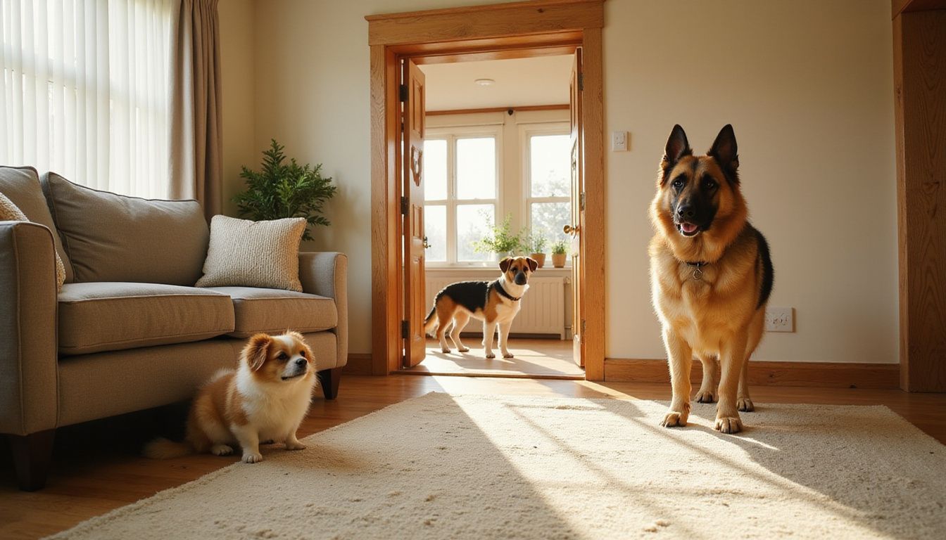A small Pomeranian sits by a couch as a Beagle walks nearby, with a German Shepherd visible in the doorway.