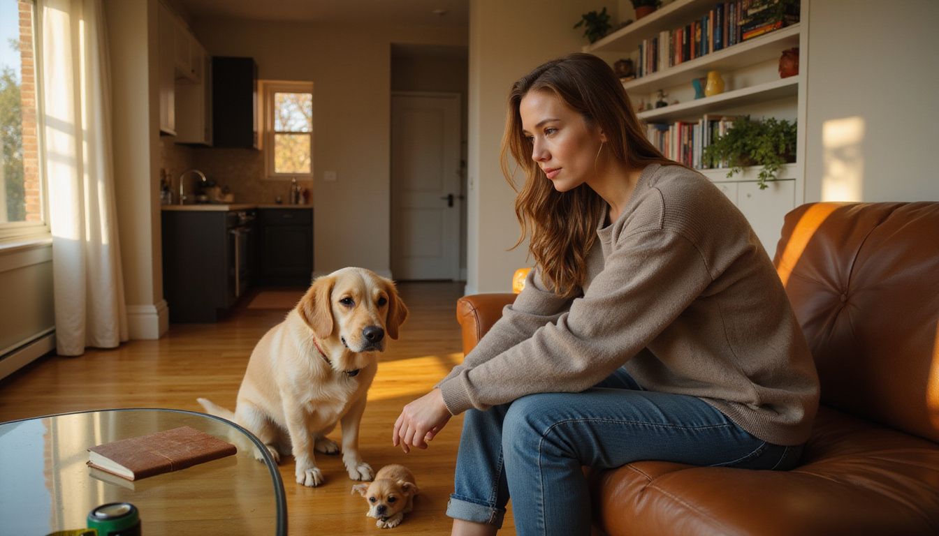 A woman sits thoughtfully on a couch, observing her chihuahua and golden retriever play on hardwood flooring.