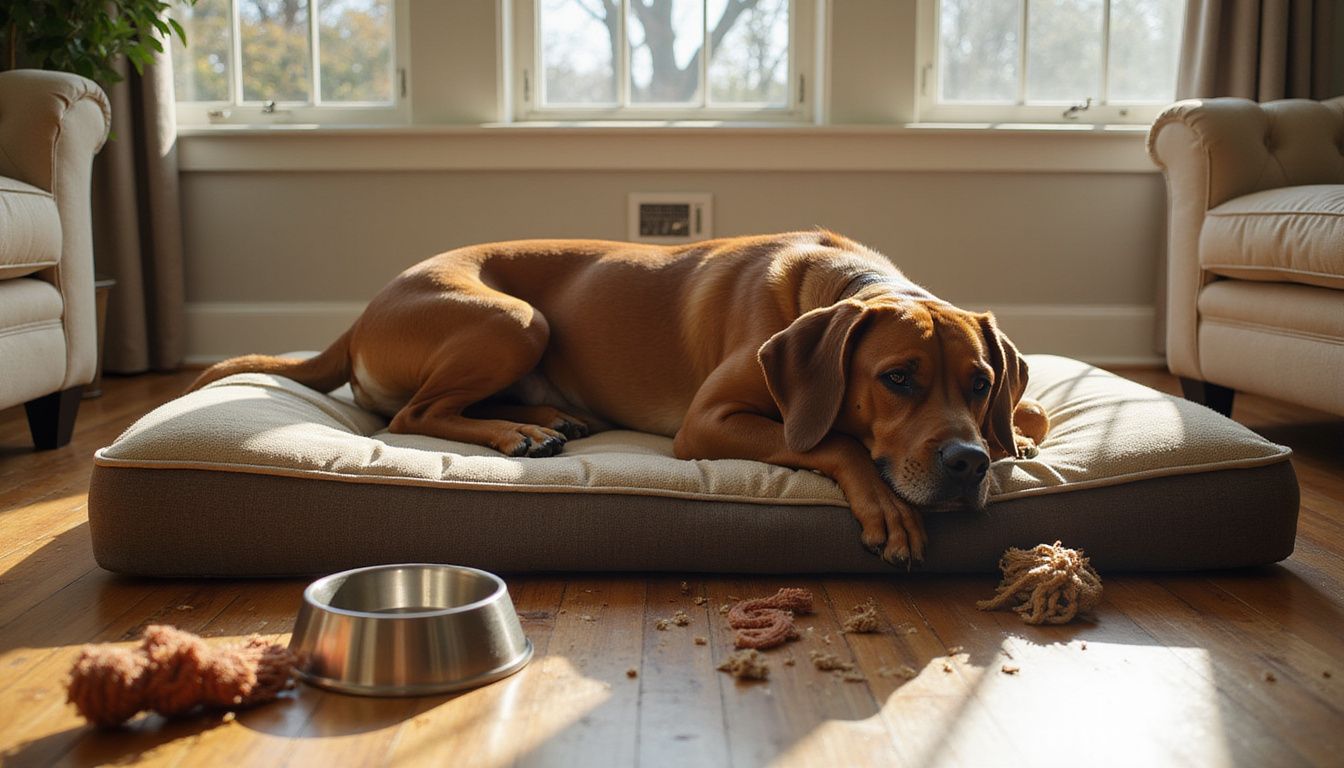 An elderly Rhodesian Ridgeback lounges comfortably on a large orthopedic dog bed in a cozy, well-loved living room.