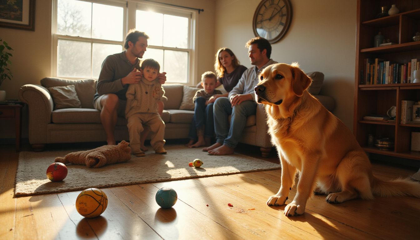 A golden retriever sits attentively among a relaxed family in a cozy living room filled with toys and warmth.