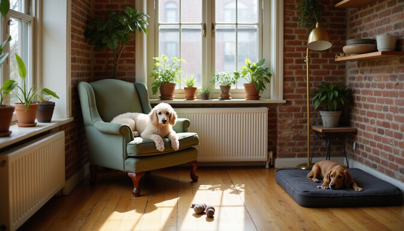 A cream-colored Standard Poodle curls up on a velvet armchair, while a Dachshund rests on a nearby orthopedic bed.