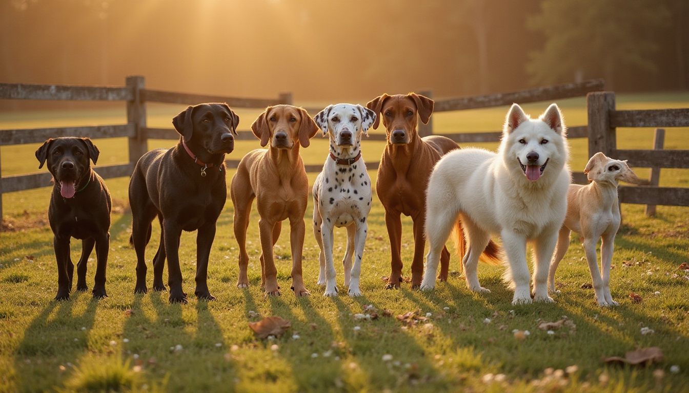 A group of seven large dog breeds poses in a lush meadow during golden hour.