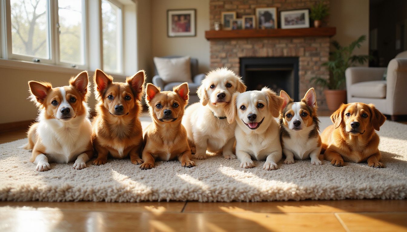 Seven small dog breeds gather playfully on a plush carpet in a cozy living room, showcasing unique fur textures and expressions.